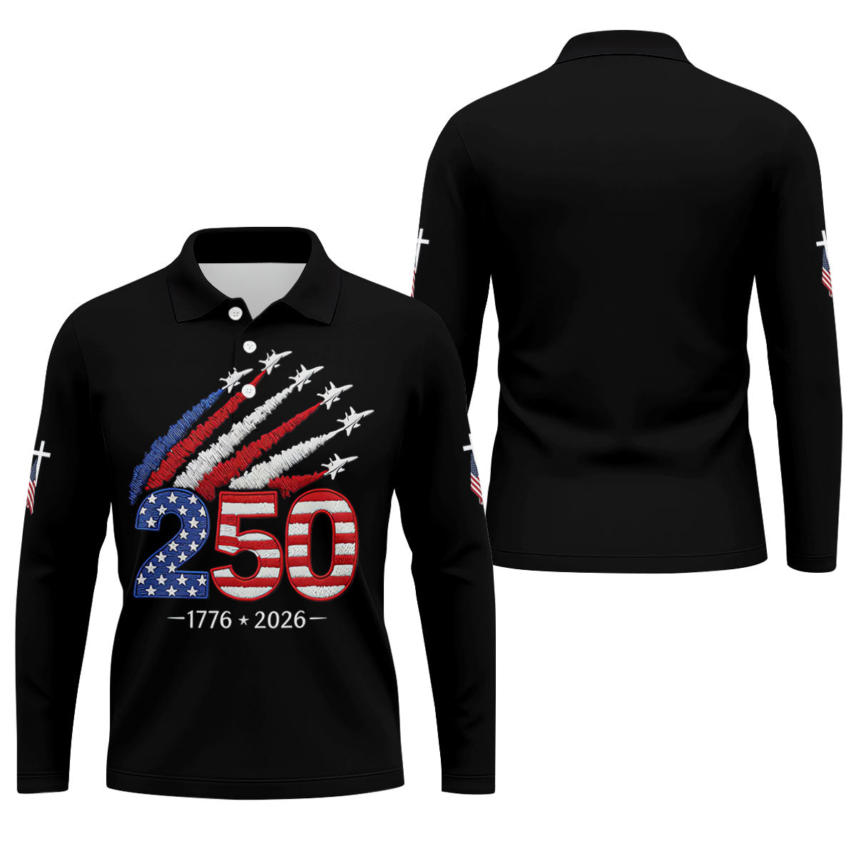 Flying Fighter Jets Faith Cross Patriotic 4th Of July Black Golf Shirt, 250 Years Golf Shirts For Men