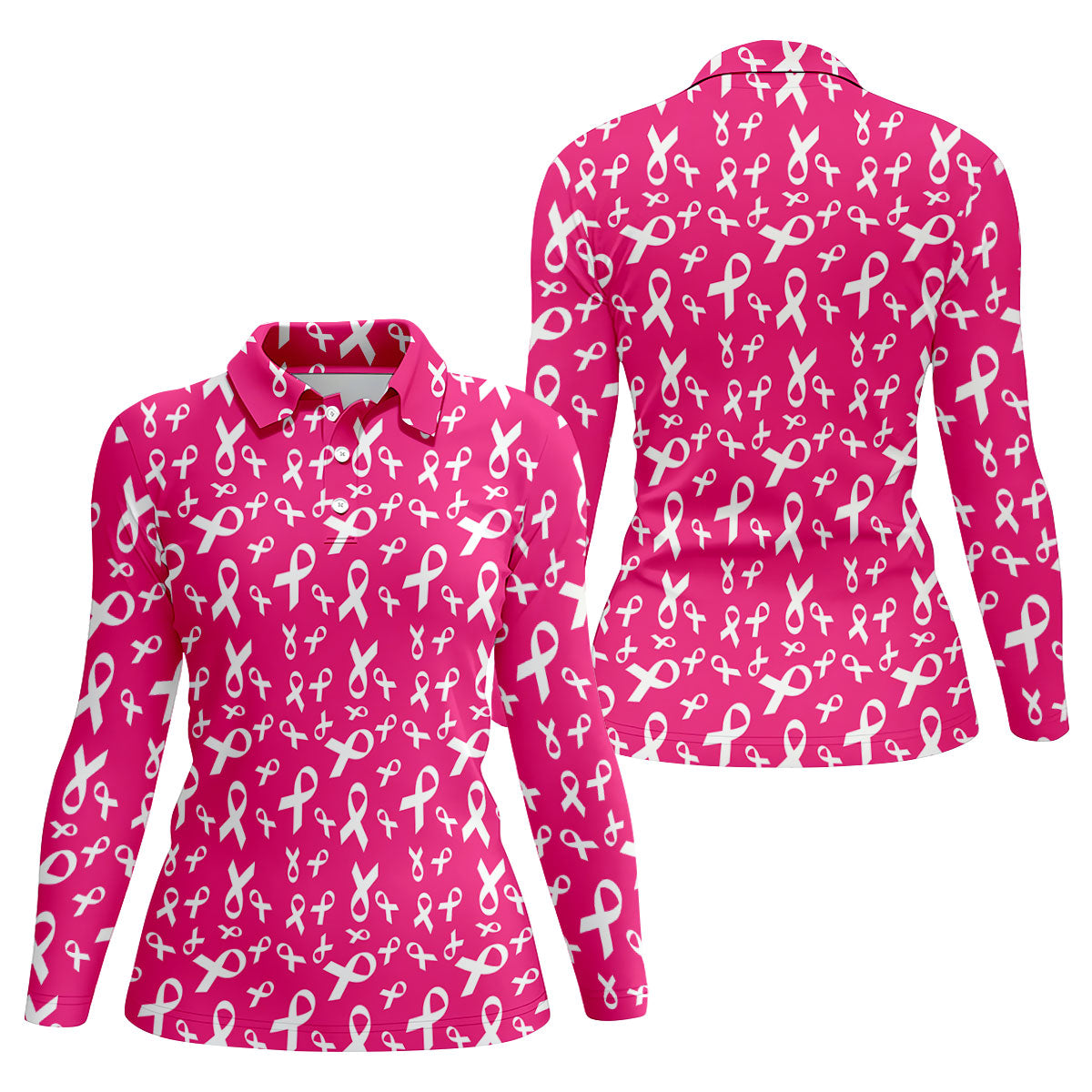 Hot Pink Breast Cancer Awareness Ribbon Polo Shirt, Ladies Golf Tops, Women’s Golf Polo