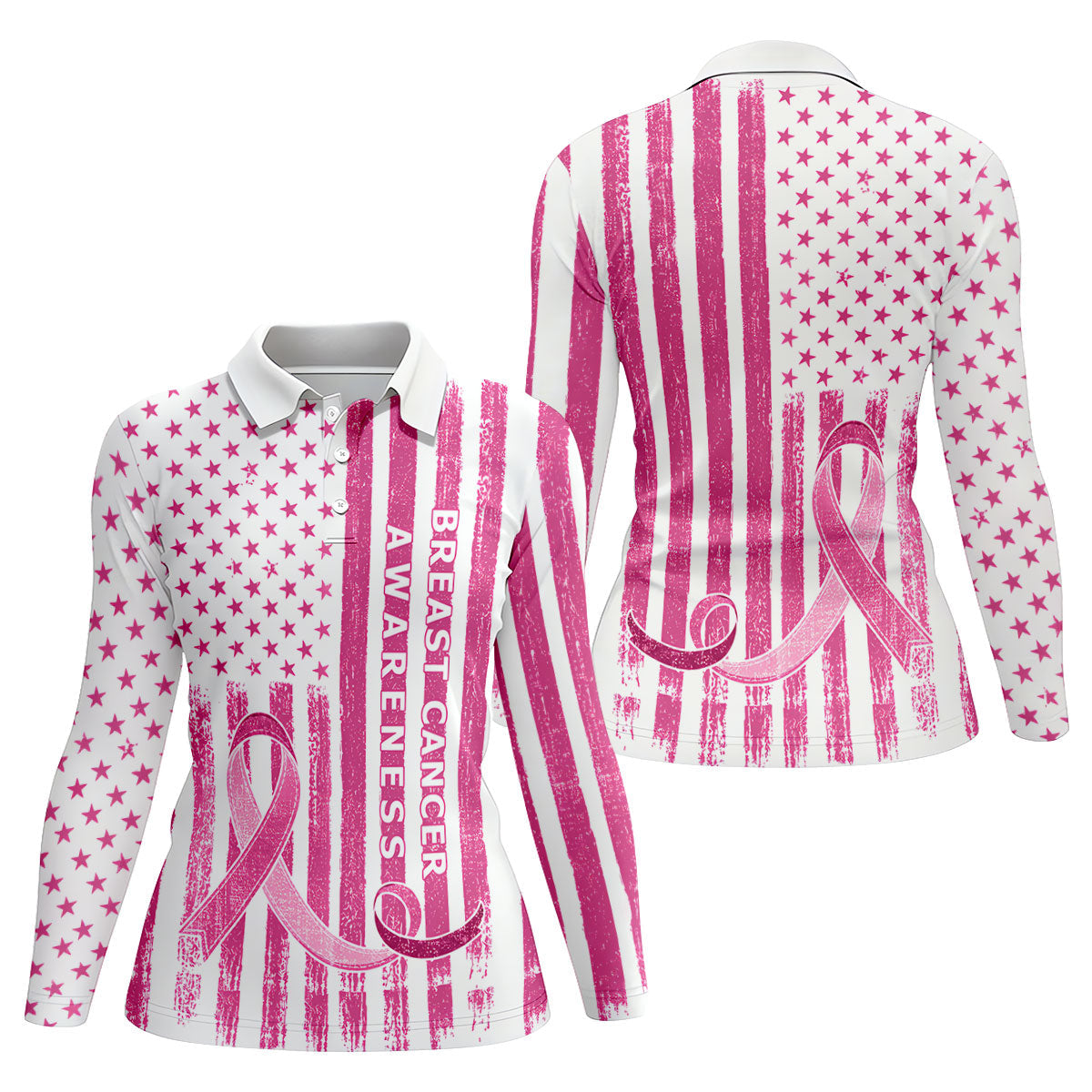 American Flag Breast Cancer Ribbon Polo Shirt, Women’s Golf Polo, Ladies Golf Tops