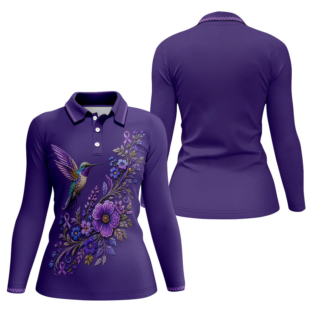 Purple Hummingbird Cancer Awareness Polo Shirt, Womens Sleeveless Golf Shirt, Ladies Golf Top