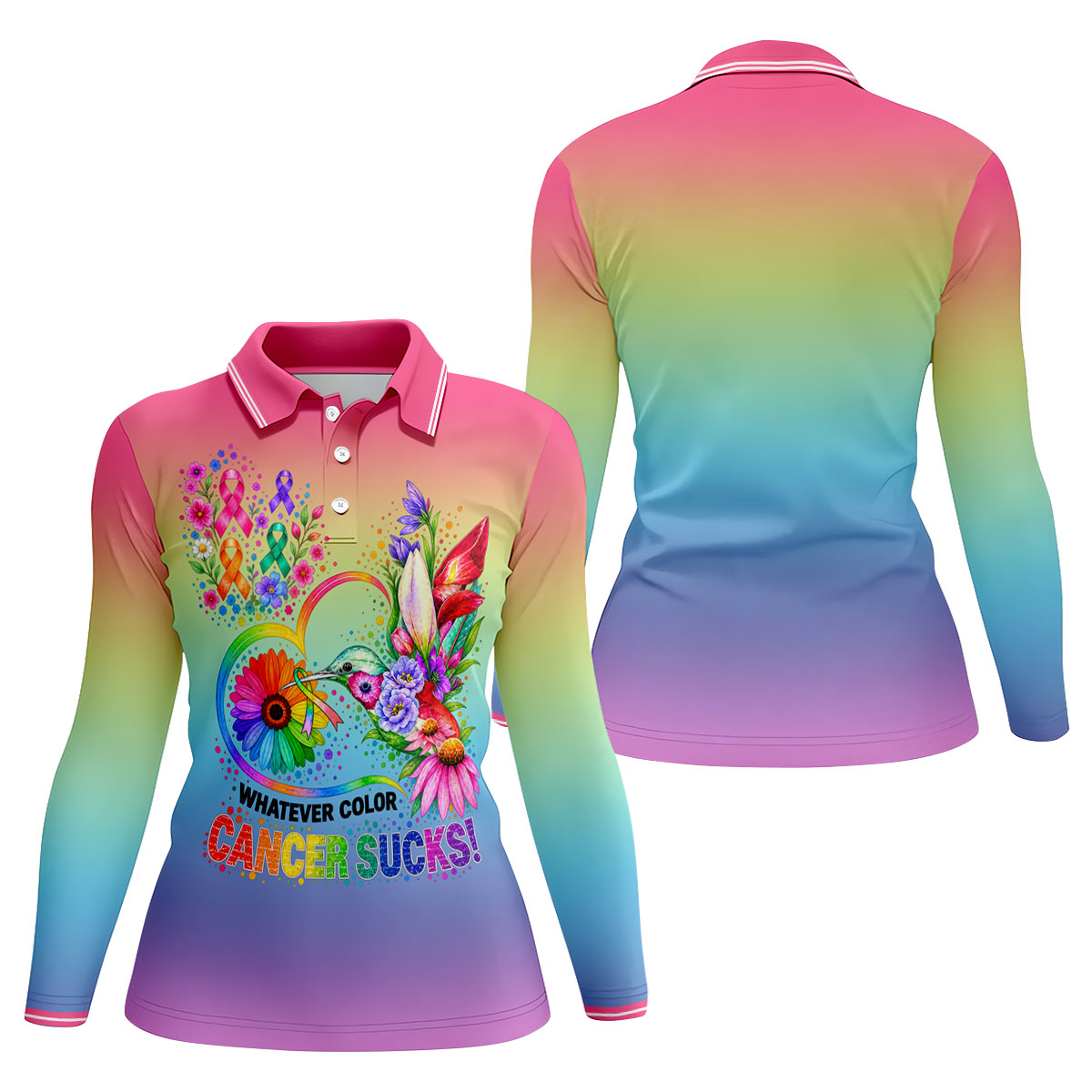 Whatever Color Cancer Sucks Hummingbird Polo Shirt, Ladies Golf Tops, Printed Golf Shirt