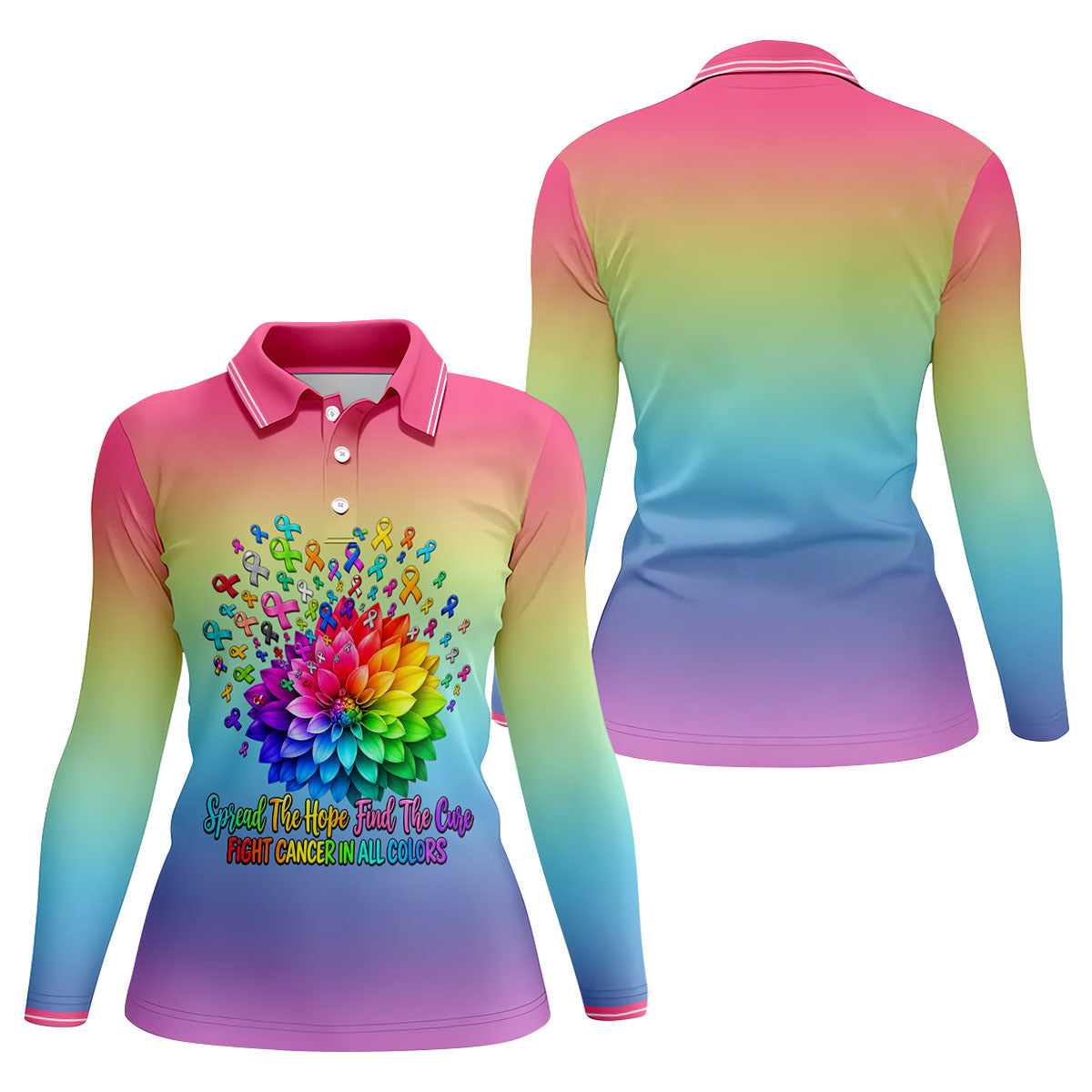 Spread Hope Find The Cure Rainbow Cancer Polo Shirt, Women's Golf Polo, Ladies Golf Top