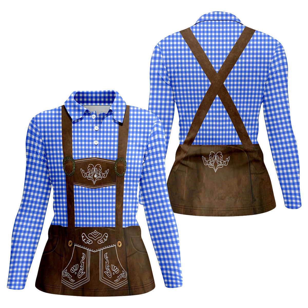 Women's Blue Oktoberfest Lederhosen Illusion Sleeveless Golf Polo, Women’s Golf Tops, Ladies Golf Shirts