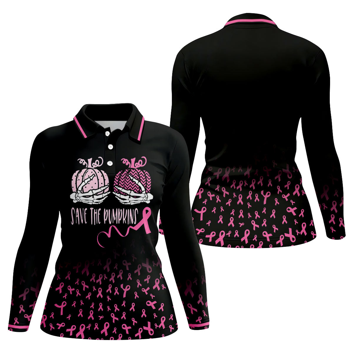 Save The Pumpkins Skeleton Breast Cancer Polo Shirt, Womens Golf Tops, Printed Golf Shirt