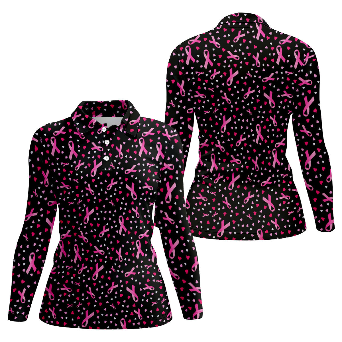 Black Pink Ribbon Heart Breast Cancer Polo Shirt, Ladies Golf Shirt, Women's Golf Tops
