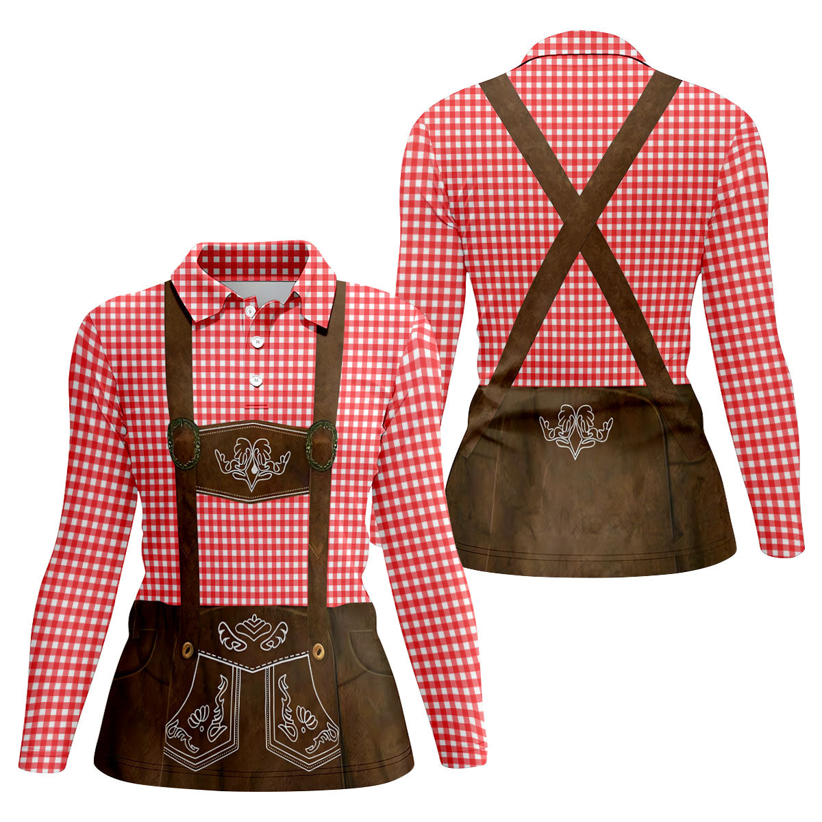 Women's Red Oktoberfest Lederhosen Illusion Sleeveless Golf Polo, Golf Shirts For Women, Women's Golf Apparel