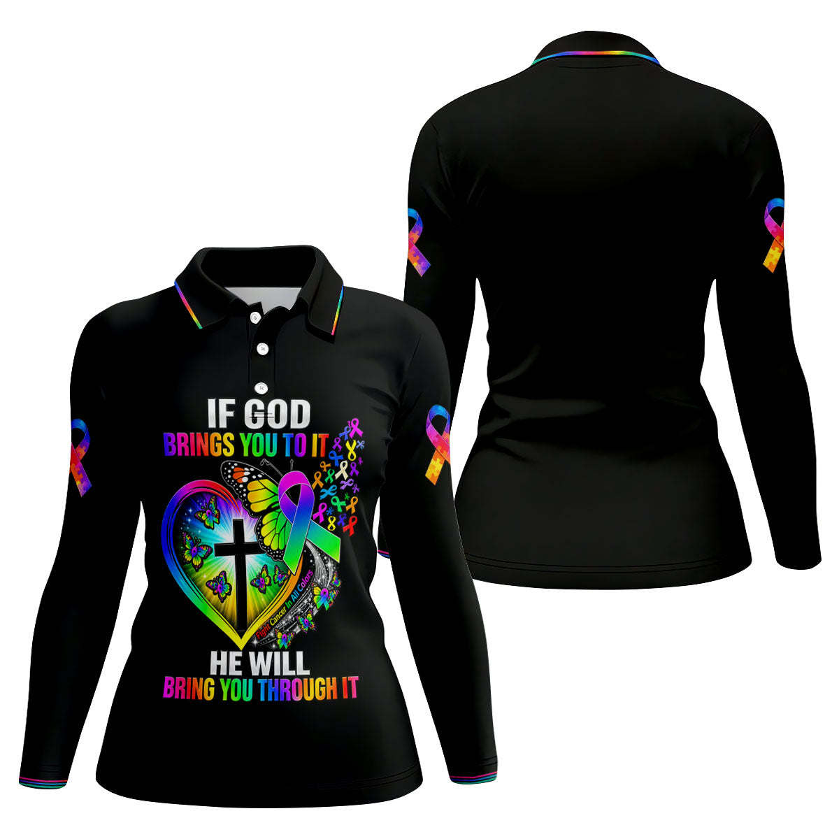 If God Brings You To It Butterfly Cancer Polo Shirt, Ladies Golf Tops, Printed Golf Shirt