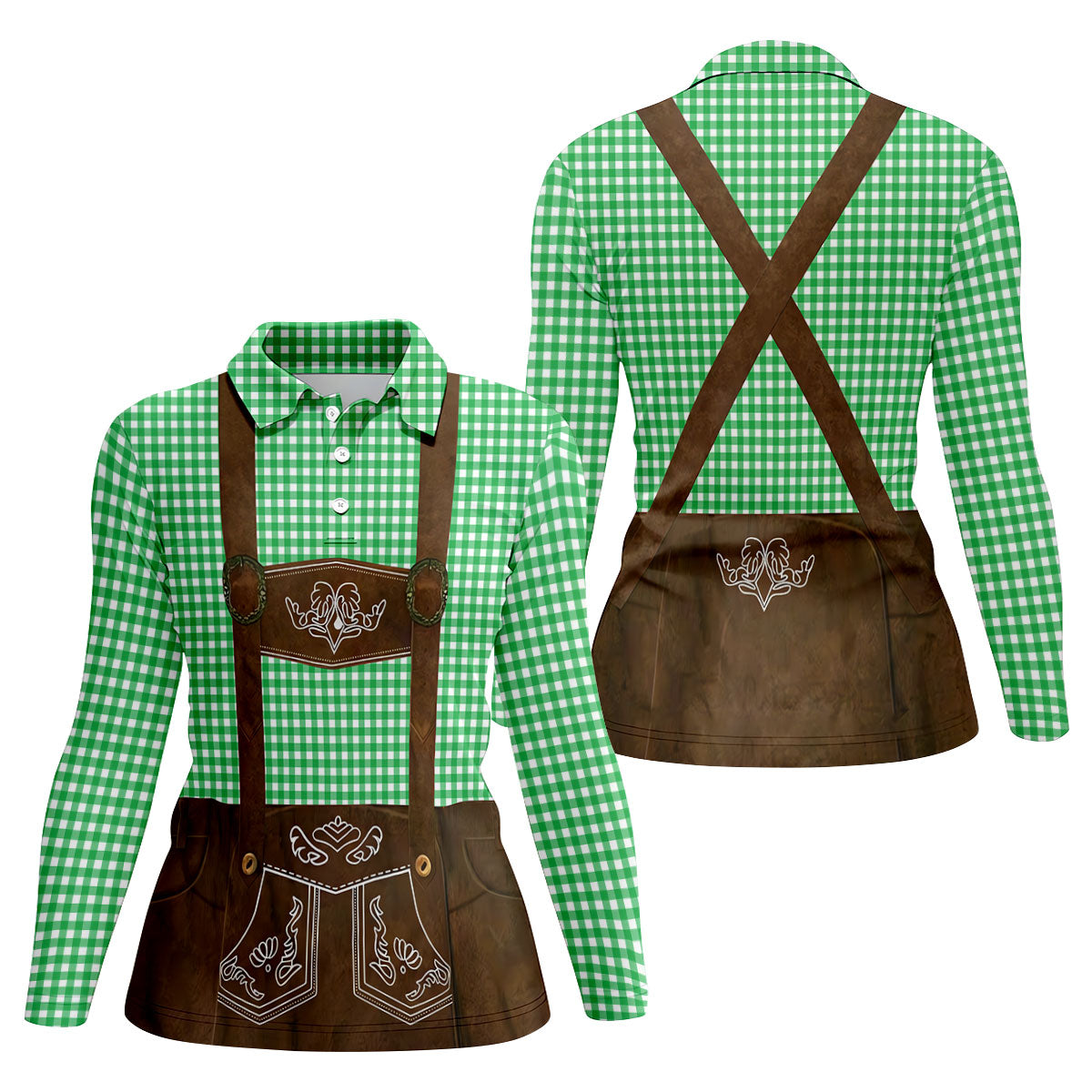 Women's Green Oktoberfest Lederhosen Illusion Sleeveless Golf Polo, Ladies Golf Top, Golf Polo For Women