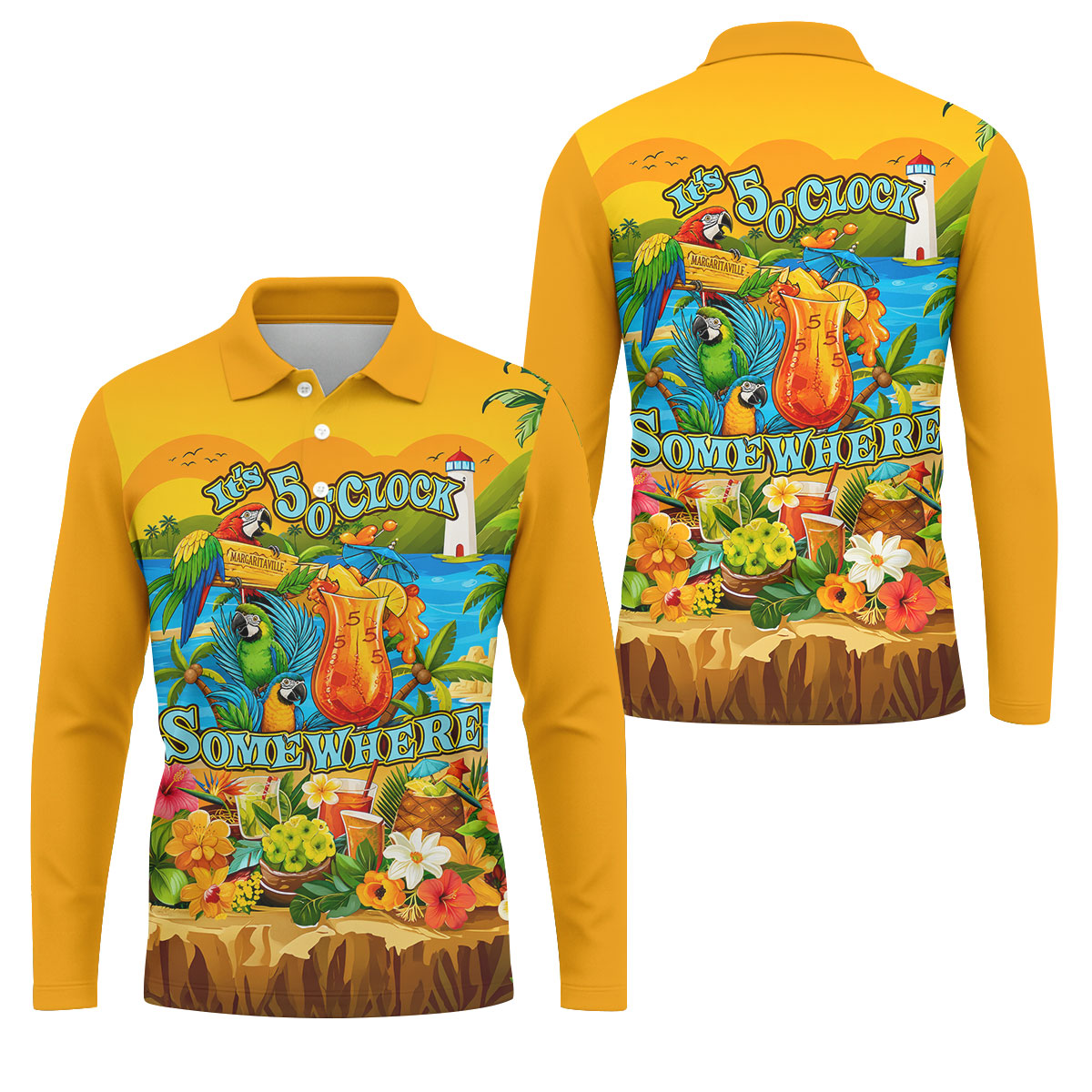 Golden Tropical Parrot Beach Cocktail Golf Polo Shirt, Men's Golf Shirt, Golf Polo Shirts For Men