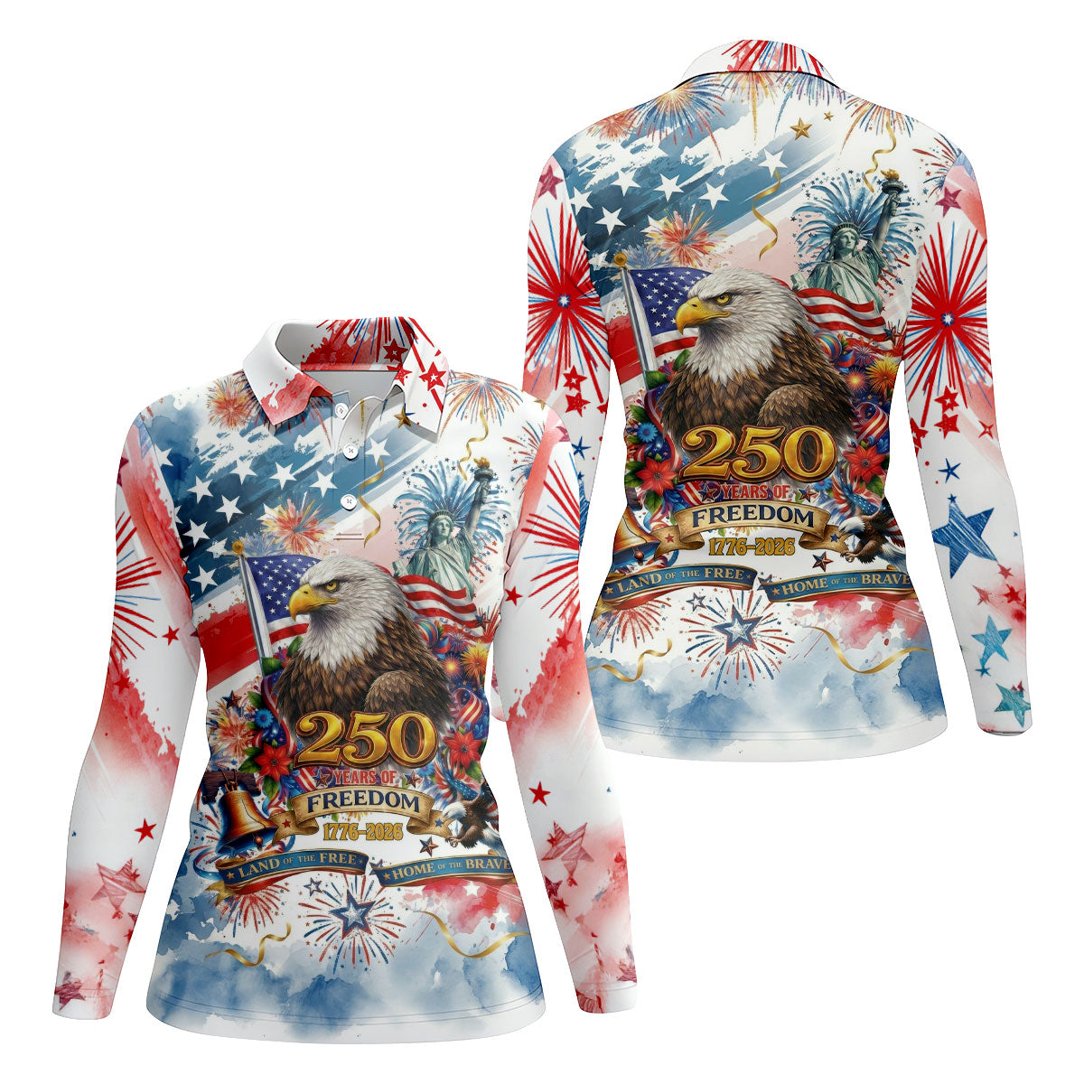 Land Of The Free Red White Blue Water Color Print 4th Of July Golf Shirt, 250 Years Golf Shirt For Women