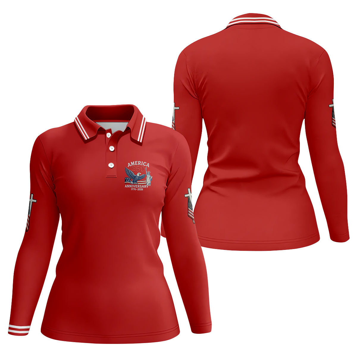Faith Cross Bald Eagle America 250 Anniversary Red Patriotic Golf Shirt, Golf Shirt For Women