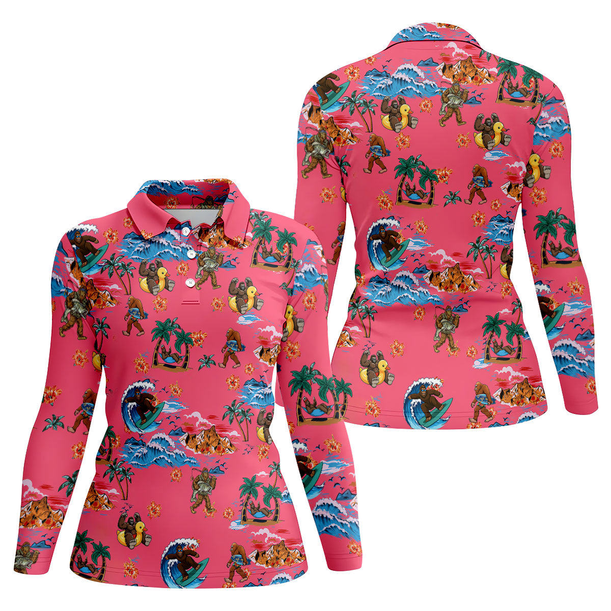 Pink Tropical Bigfoot Hawaiian Golf Polo Shirt, Golf Shirts For Women, Women's Golf Polo