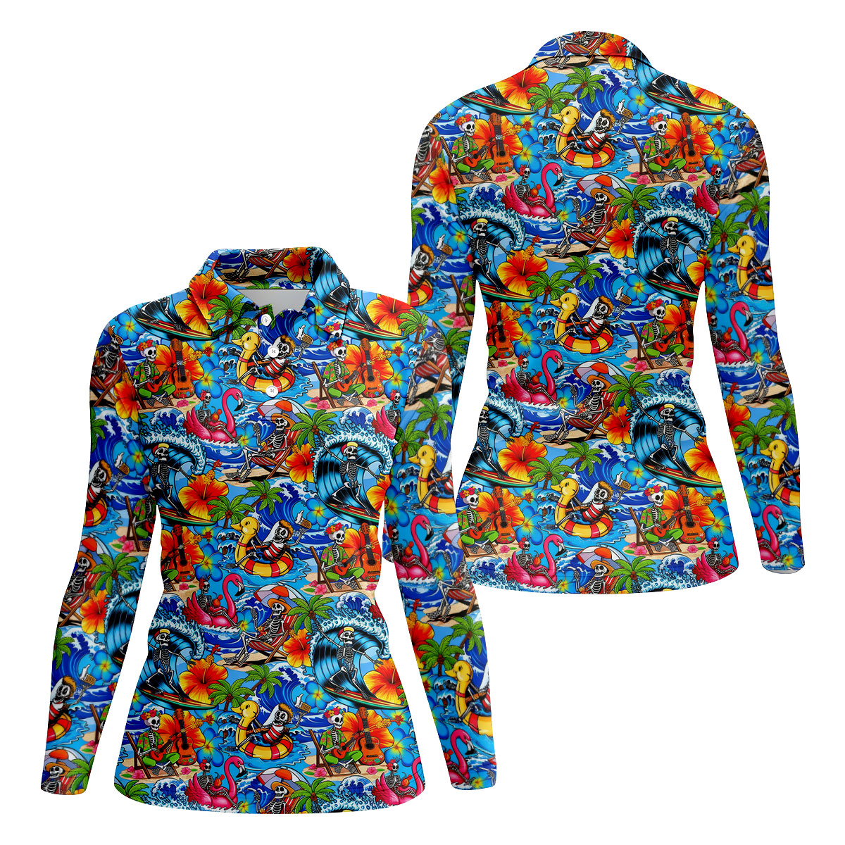Blue Tropical Skeleton Surfer Pattern Golf Polo Shirt, Golf Shirts For Women, Women's Golf Polo