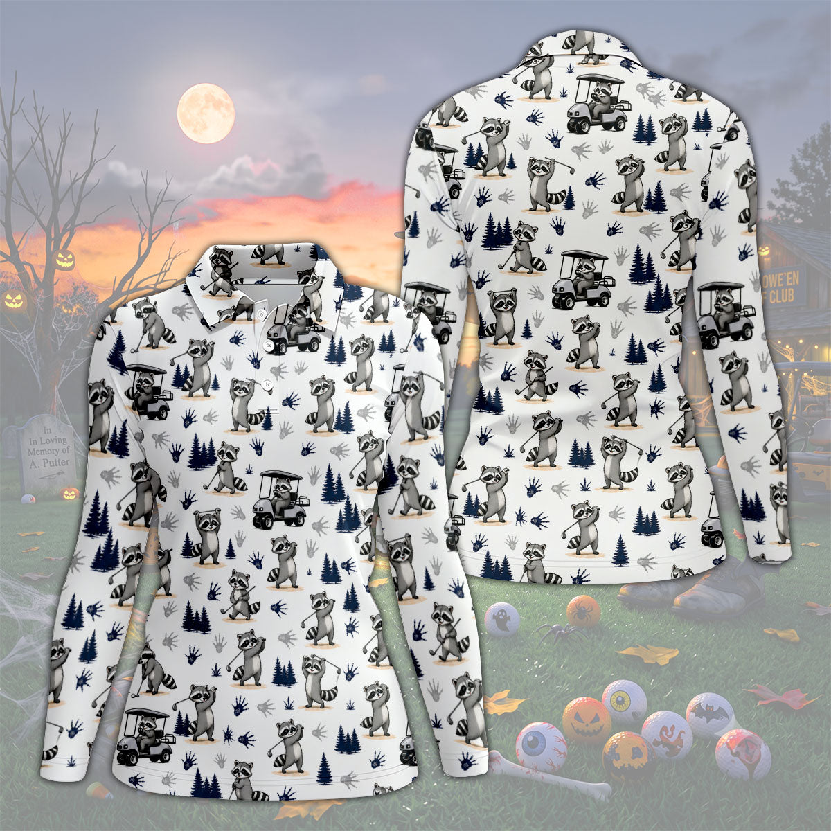 Funny Raccoon Golf Cart Pattern Polo Shirt, Ladies Golf Shirt, Women's Golf Apparel