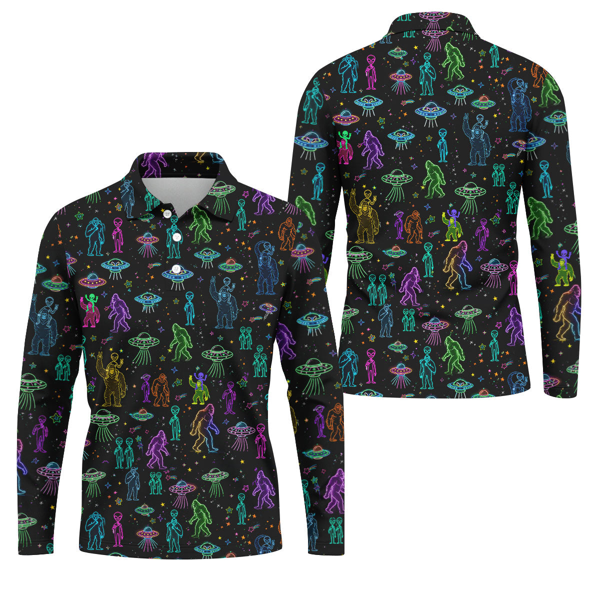 Neon Bigfoot Alien UFO Pattern Golf Polo Shirt, Men's Golf Shirt, Printed Golf Shirts