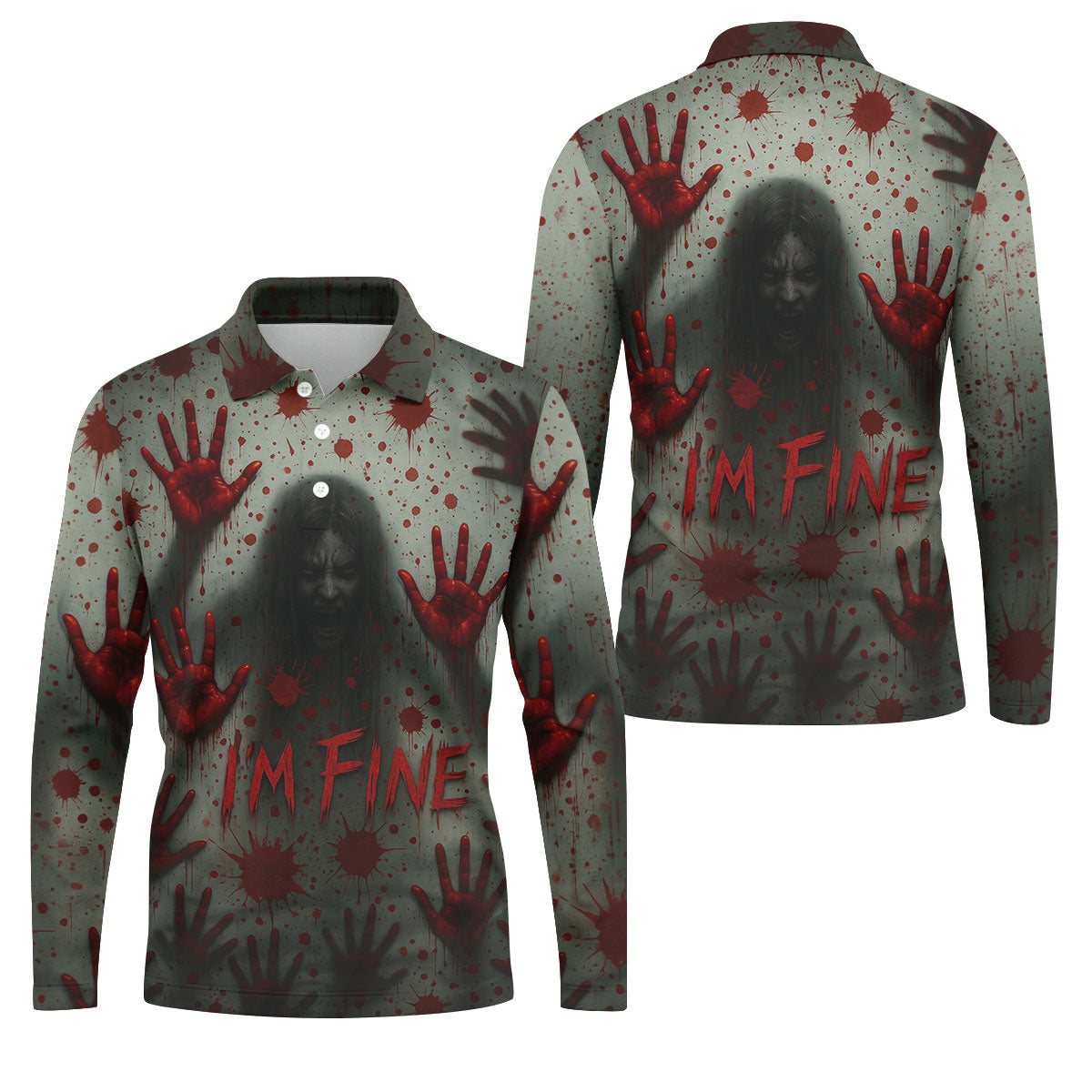I'm Fine Horror Blood Hand Ghost Halloween Golf Polo Shirt, Printed Golf Shirts For Men