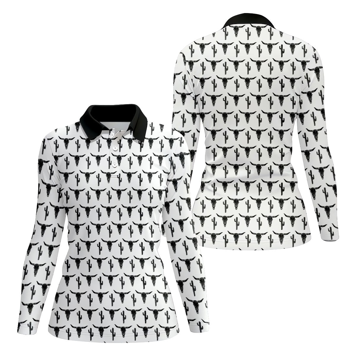 Longhorn Cow Skull Western Theme White Women Golf Top, Ladies Golf Shirts, Golf Shirt For Women