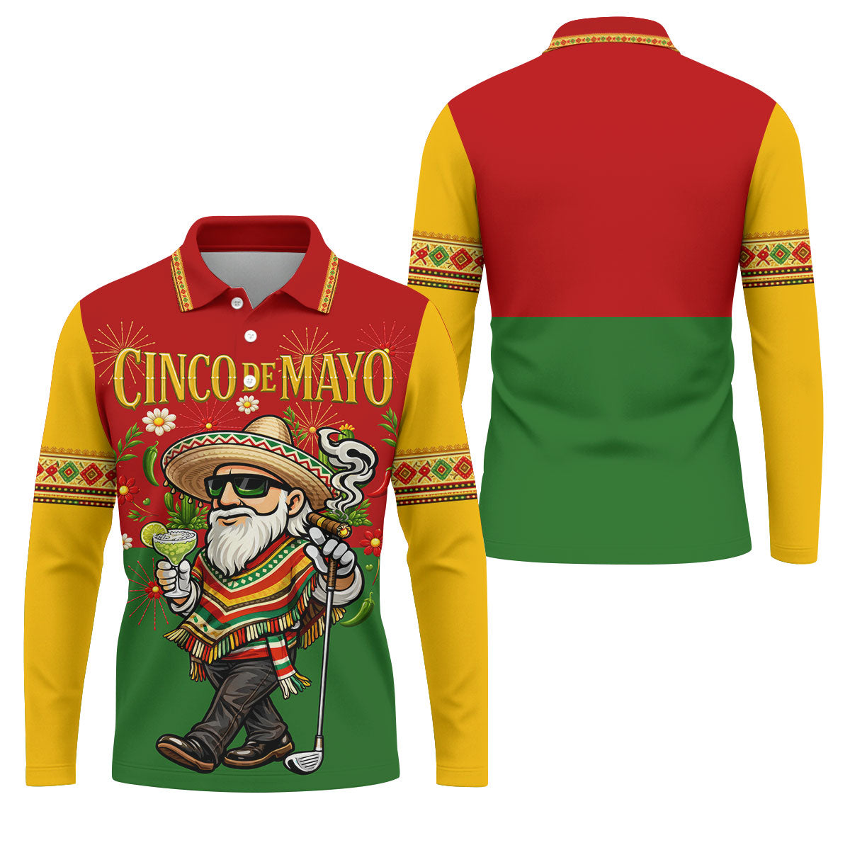 Margarita Man Cinco De Mayo Celebration Red Yellow Green Golf Shirt, Fiesta Theme Golf Shirts For Men