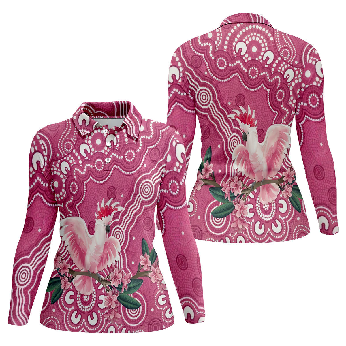 Pink Cockatoo Floral Aboriginal Art Polo Shirt, Hawaiian Golf Shirt, Golf Tops For Women