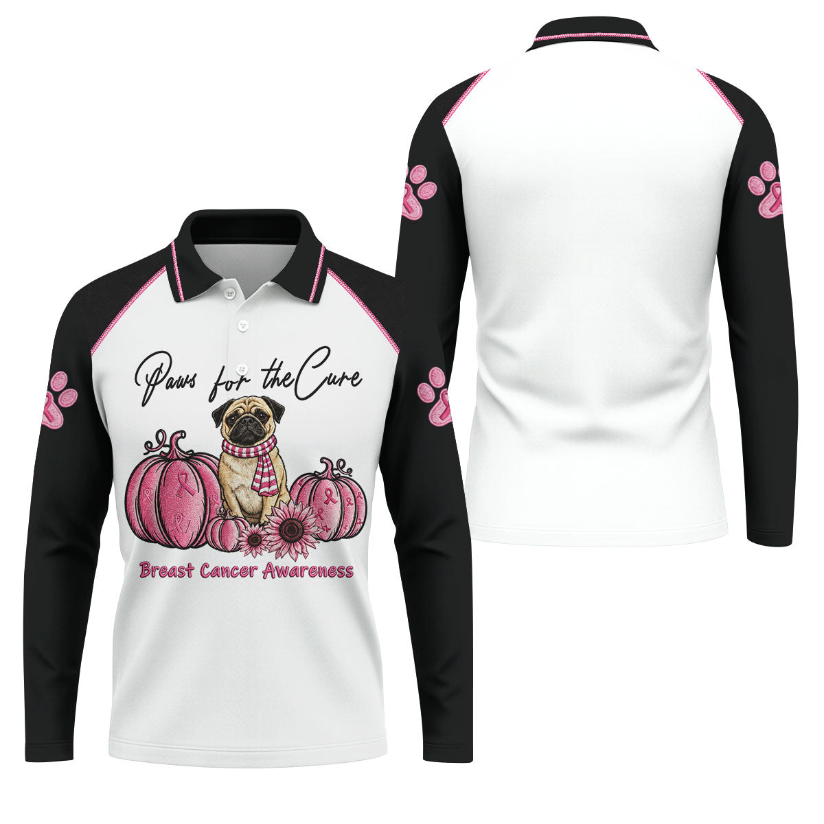 Paws For The Cure Pug Breast Cancer Polo Shirt, Men's Golf Shirt, Mens Golf Apparel