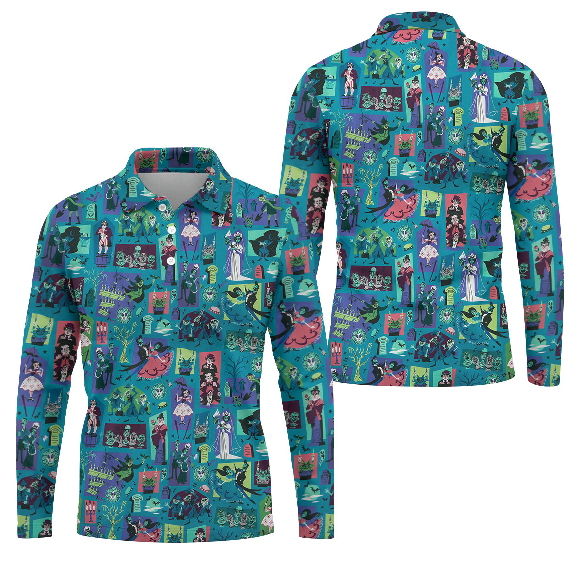 Retro Haunted House Halloween Golf Polo Shirt, Horror Character Shirt, Golf Shirts For Men