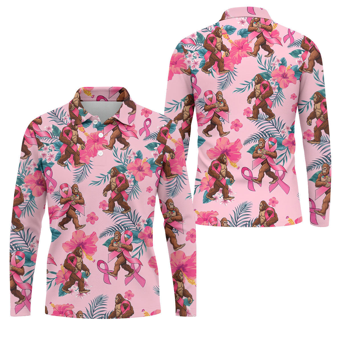 Bigfoot Pink Ribbon Floral Breast Cancer Polo Shirt, Mens Golf Polo, Mens Golf Shirts