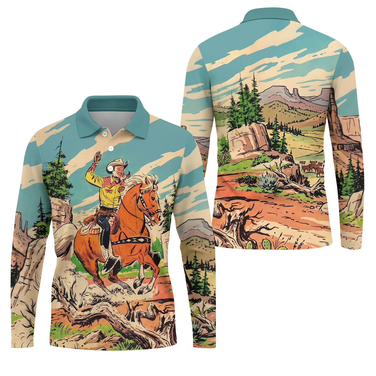 Vintage Cowboy Horse Riding Golf Polo Shirt, Mens Golf Polo, Golf Apparel For Men