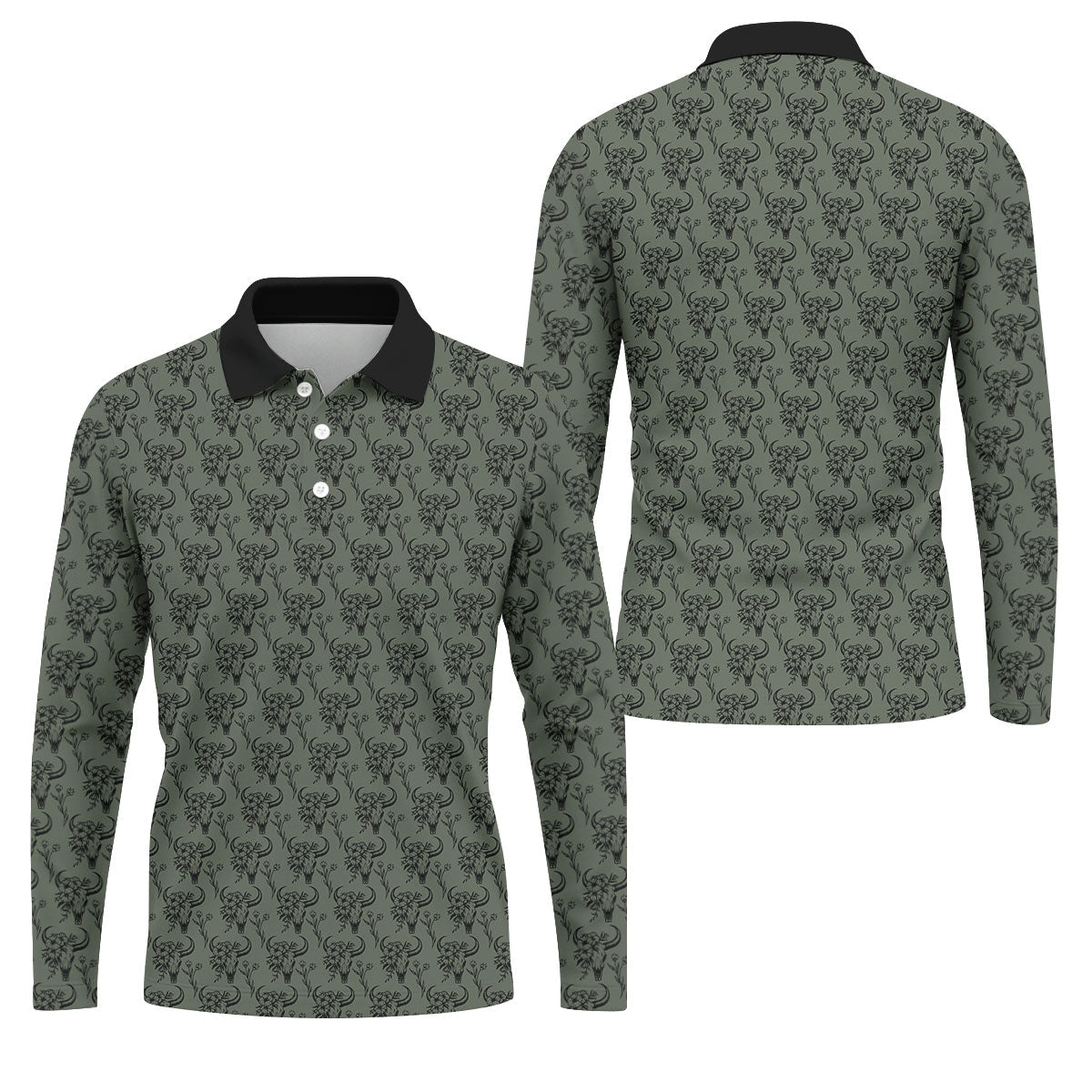 Cow Skull With Flowers Western Theme Forest Green Golf Tops For Men, Polo Shirts For Men, Golf Shirts For Men