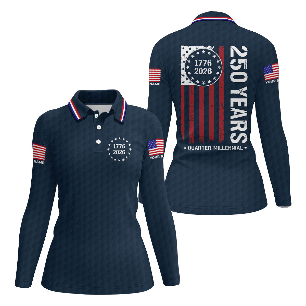250 Years Quarter Millennnial Golf Ball Pattern Navy Patriotic Golf Shirt, 4th Of July Golf Shirt For Women