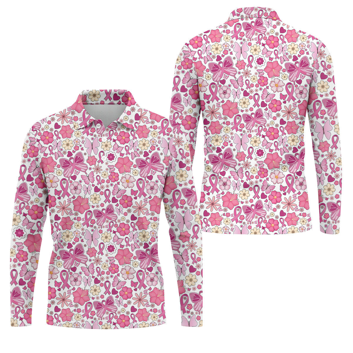 Breast Cancer Pink Ribbon Floral Golf Shirt, Cancer Awareness Shirt, Polo ShirtFor Men, Golfing Apparel