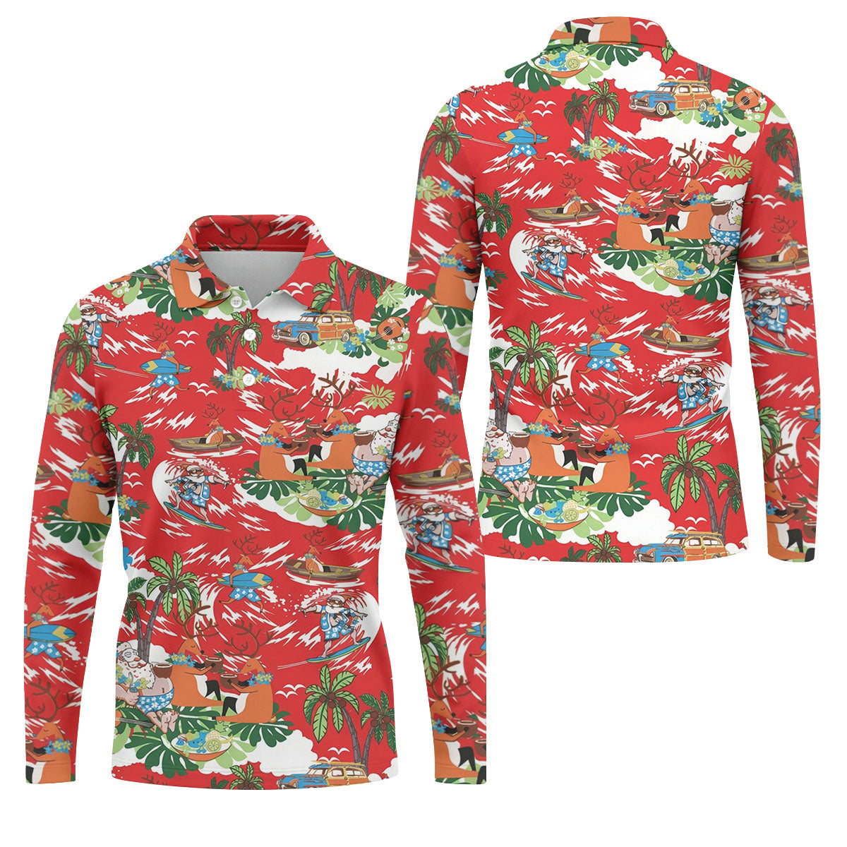 Men's Funny Tropical Santa Surfing Golf Shirt, Christmas Golf Shirt, Printed Golf Shirts