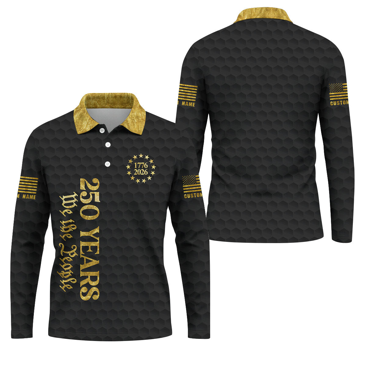 We The People 250 Years Gold Textured Patriotic Golf Shirt, 4th Of July Golf Shirts For Men