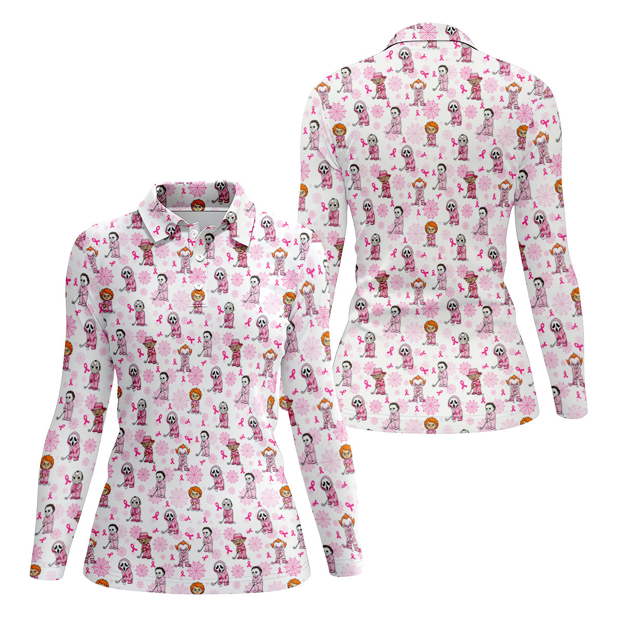 Halloween Horror Character Breast Cancer Polo Shirt, Ladies Golf Tops, Printed Golf Shirt