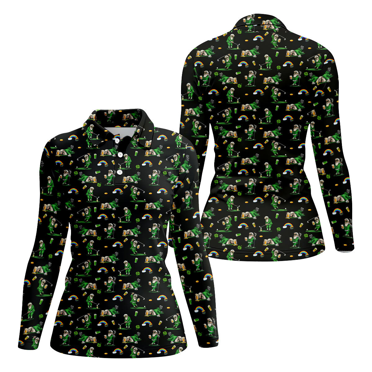 St Patrick's Day Leprechaun Character Golf And Beer Black Golf Shirt, Fun Women's Golf Shirts, Ladies Golf Polos