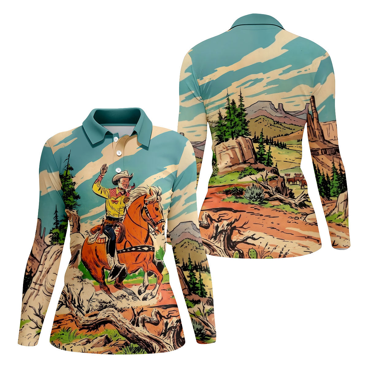 Vintage Cowboy Horse Riding Golf Polo Shirt, Golf Shirts For Women, Ladies Golf Tops