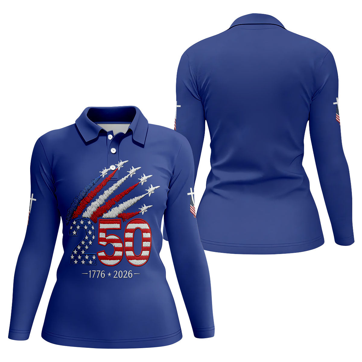 Flying Fighter Jets Faith Cross Patriotic 4th Of July Blue Golf Shirt, 250 Years Golf Shirt For Women