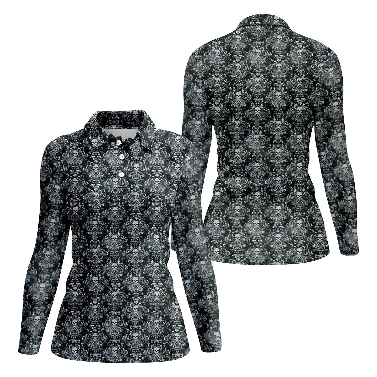 Skull Damask Charcoal Grey Gothic Floral Women Golf Top, Ladies Golf Shirts, Golf Shirt For Women