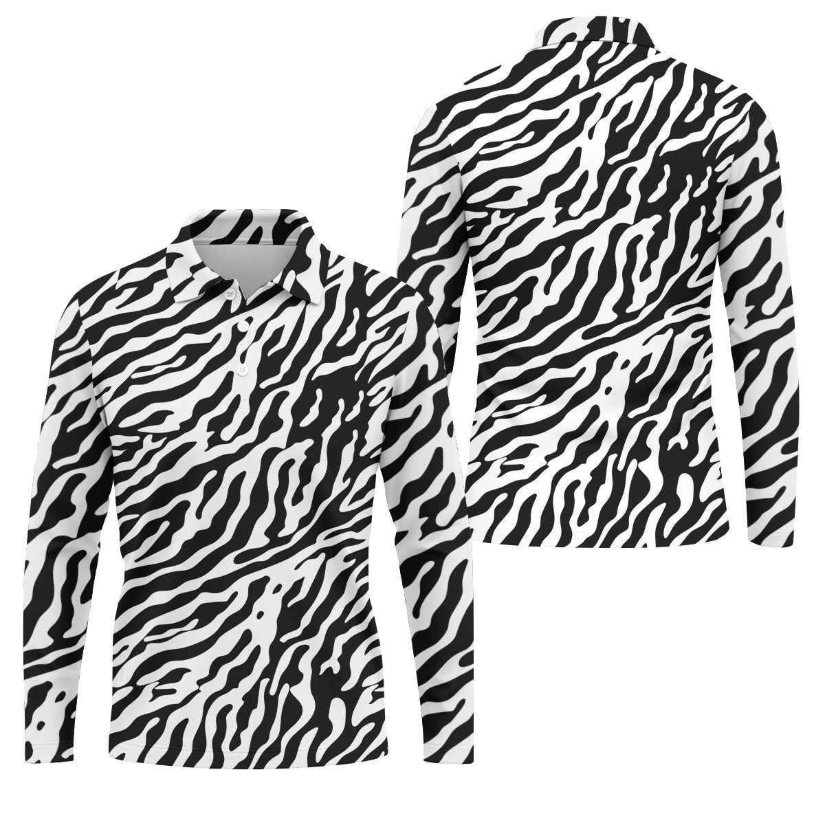 Zebra Print Golf Shirt, Black White Animal Pattern Men's Golf Polo, Polo Shirts For Men