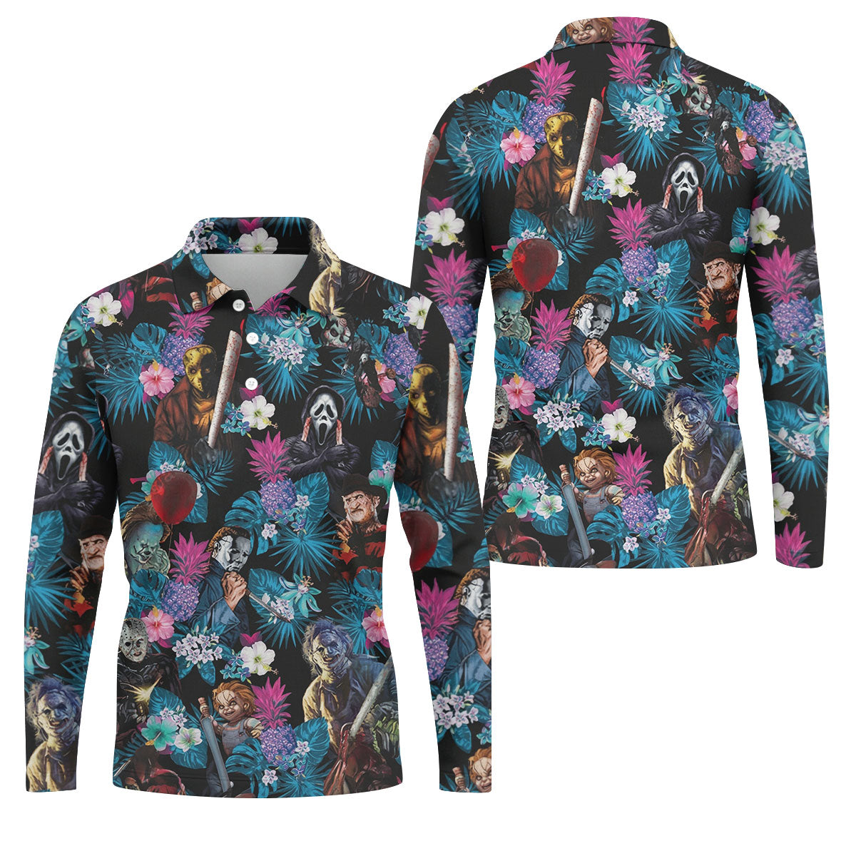 Tropical Horror Movie Villains Halloween Golf Polo Shirt, Hawaiian Golf Shirt, Mens Golf Apparel