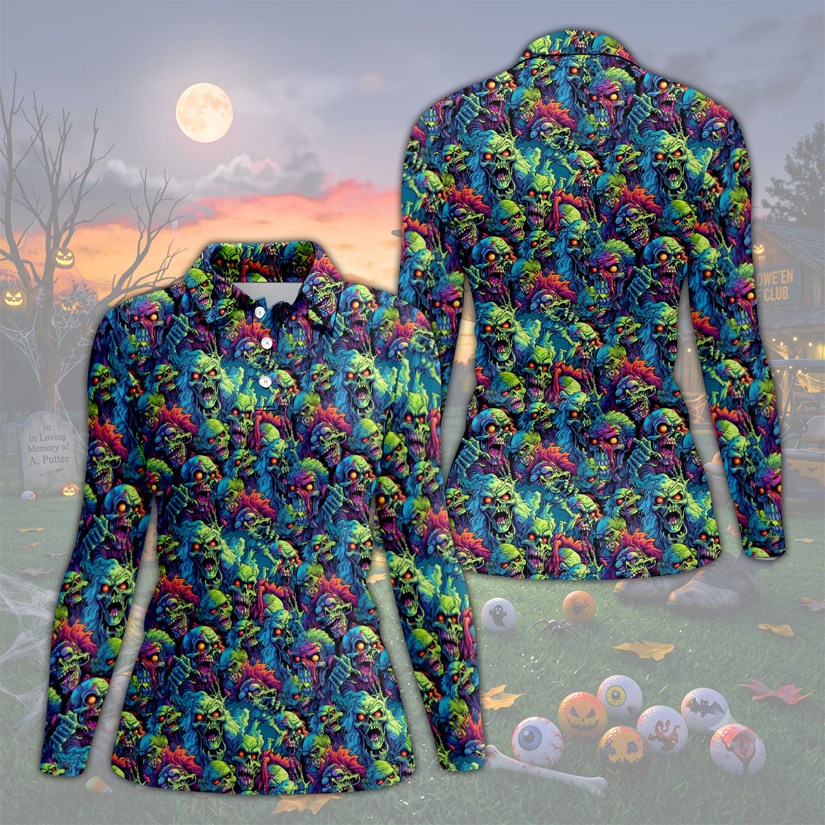 Colorful Zombie Head Pattern Halloween Golf Polo Shirt, Women's Golf Tops, Ladies Golf Shirt