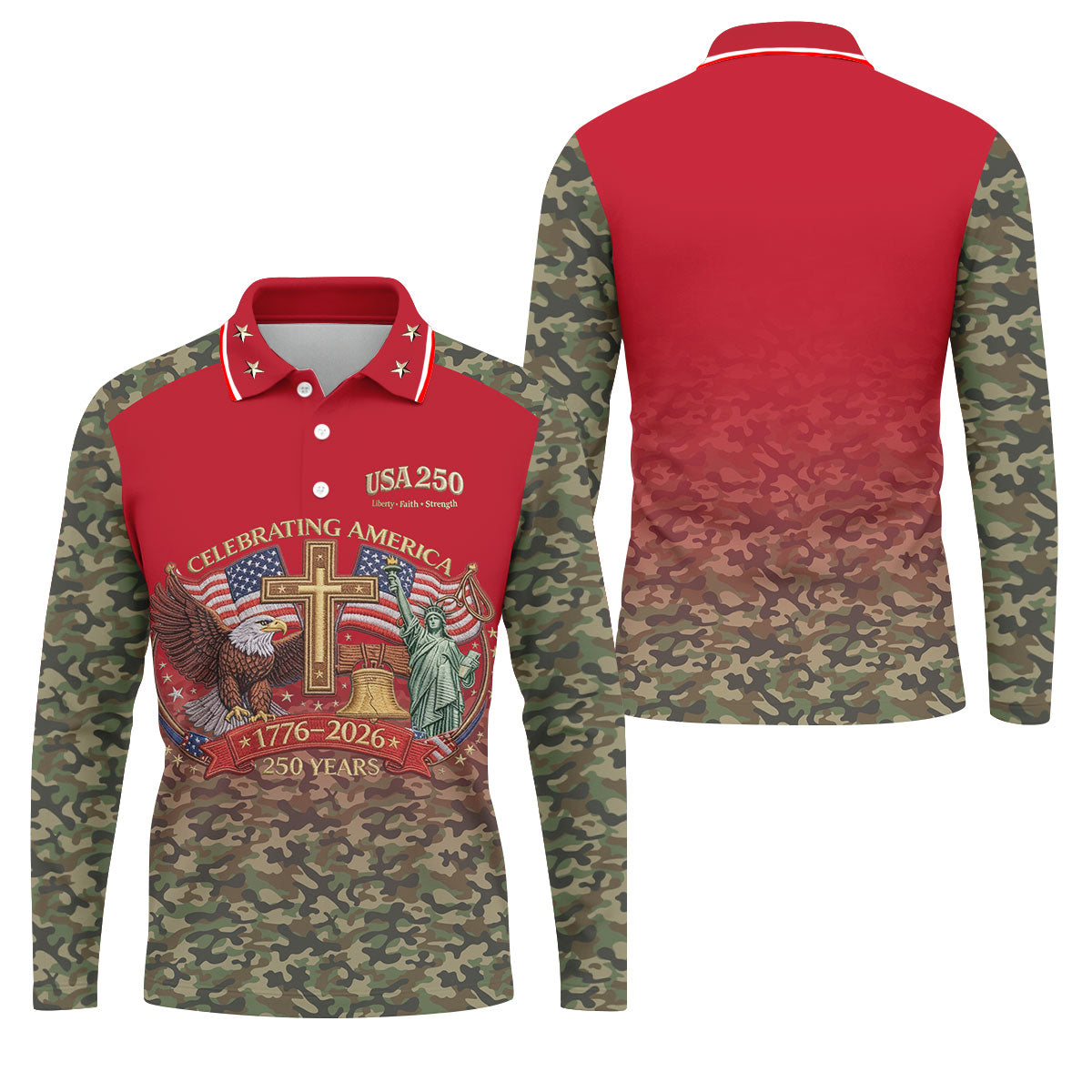 Liberty Faith Strength Faith Cross USA 250 Red Camo Golf Shirt, 4th Of July Golf Shirts For Men