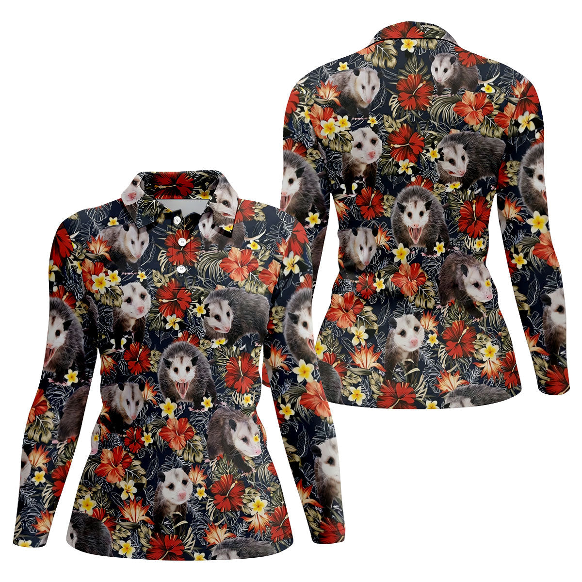 Cute Possums Hibiscus Flowers Golf Polo, Island Foliage Hawaiian Golf Shirt, Golf Tops For Women, Golfing Apparel