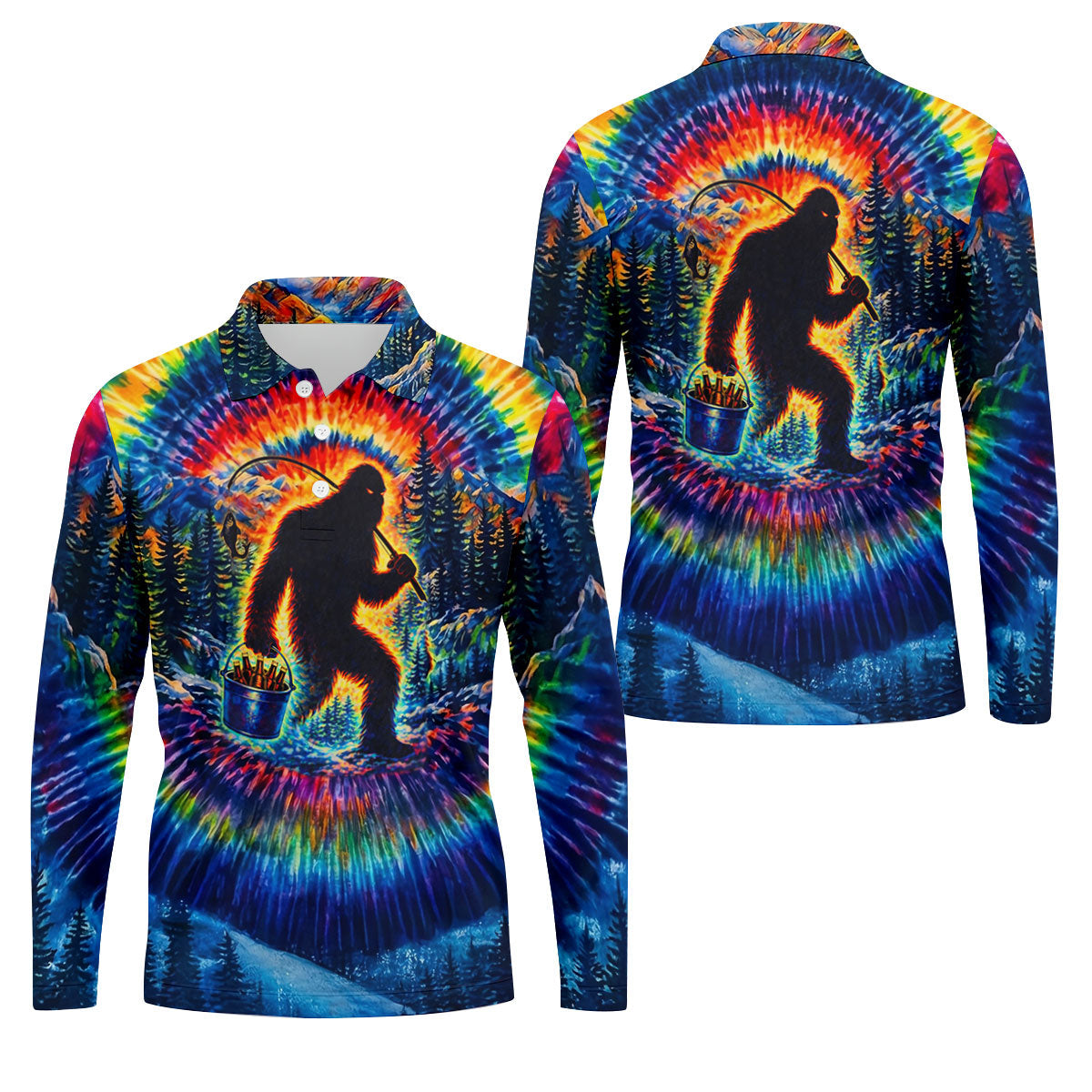 Tie Dye Bigfoot Fishing Forest Golf Shirt, Mens Golf Apparel, Printed Golf Shirts