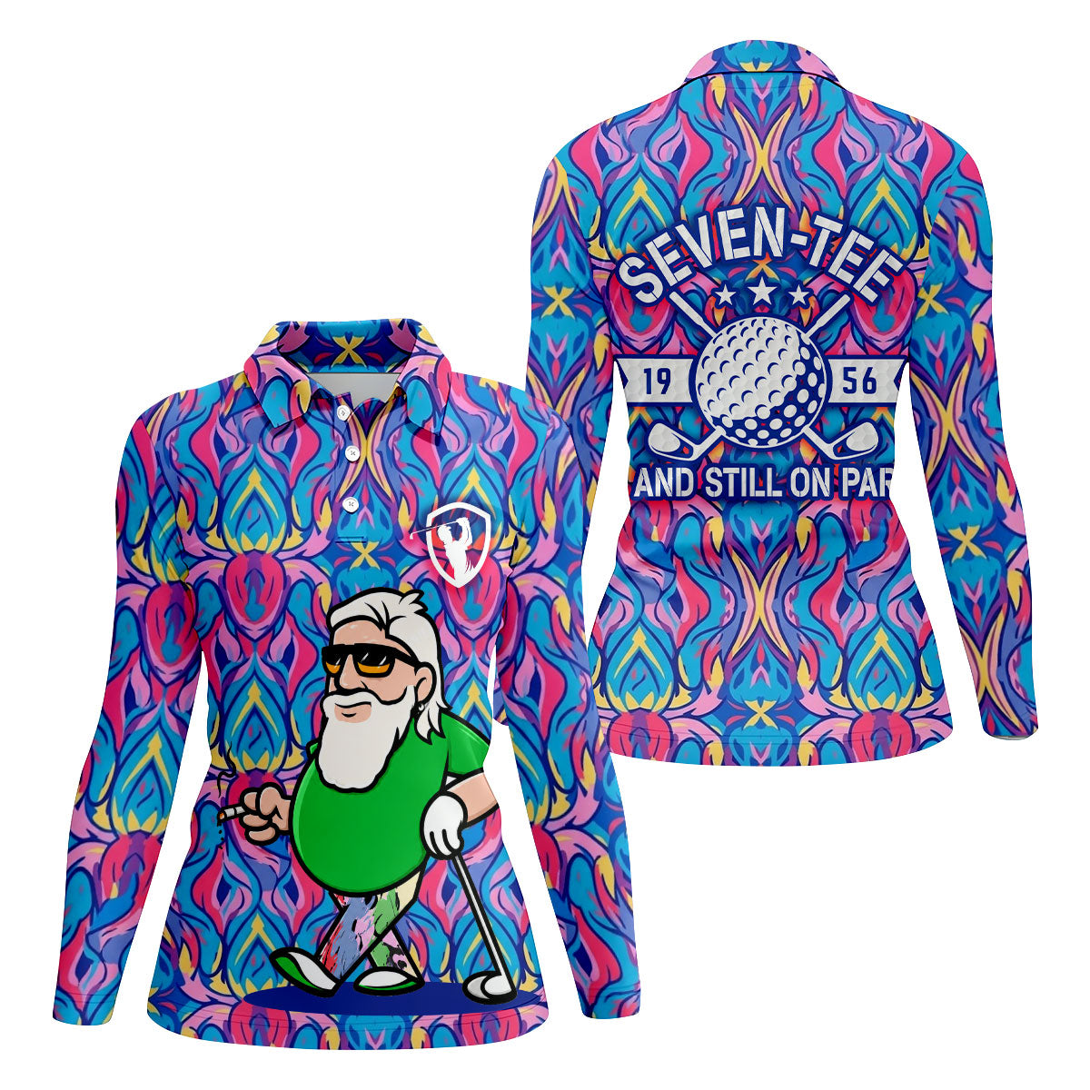 Colorful Psychedelic Santa Golfer Print Women's Golf Tops, Women’s Golf Apparel, Golf Polo For Women