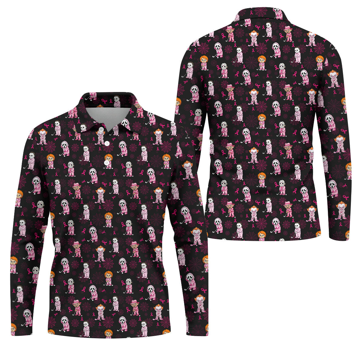 Black Halloween Horror Breast Cancer Polo Shirt, Men's Golf Shirt, Printed Golf Shirts