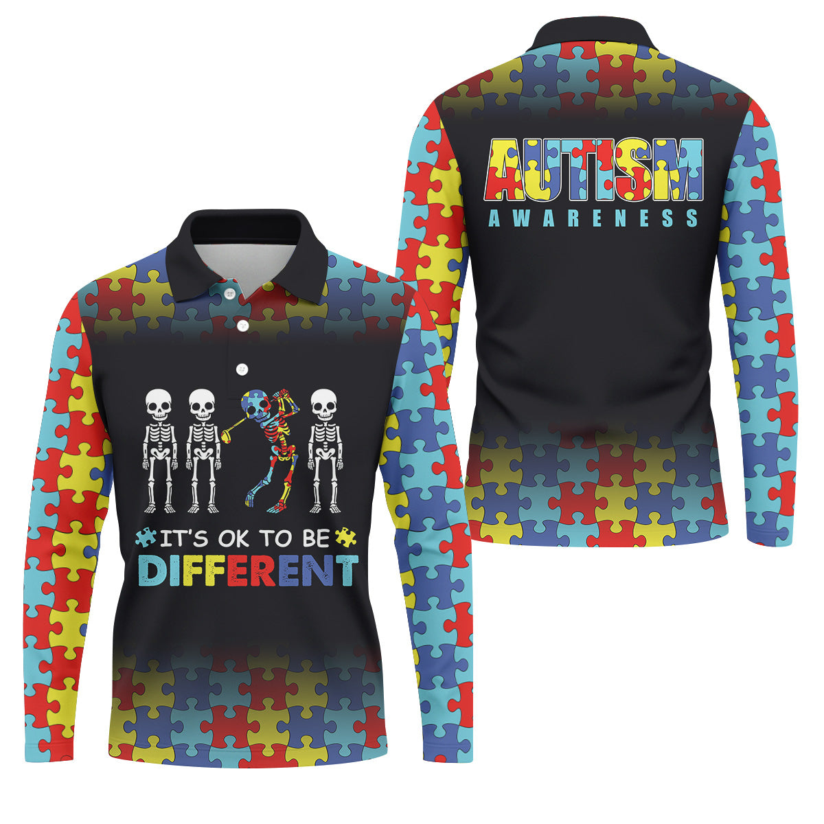 It's Ok To Be Different Men Polo Shirt, Autism Awareness Puzzle Pattern Black Fade Golf Shirts For Men, Autism Golf Shirt