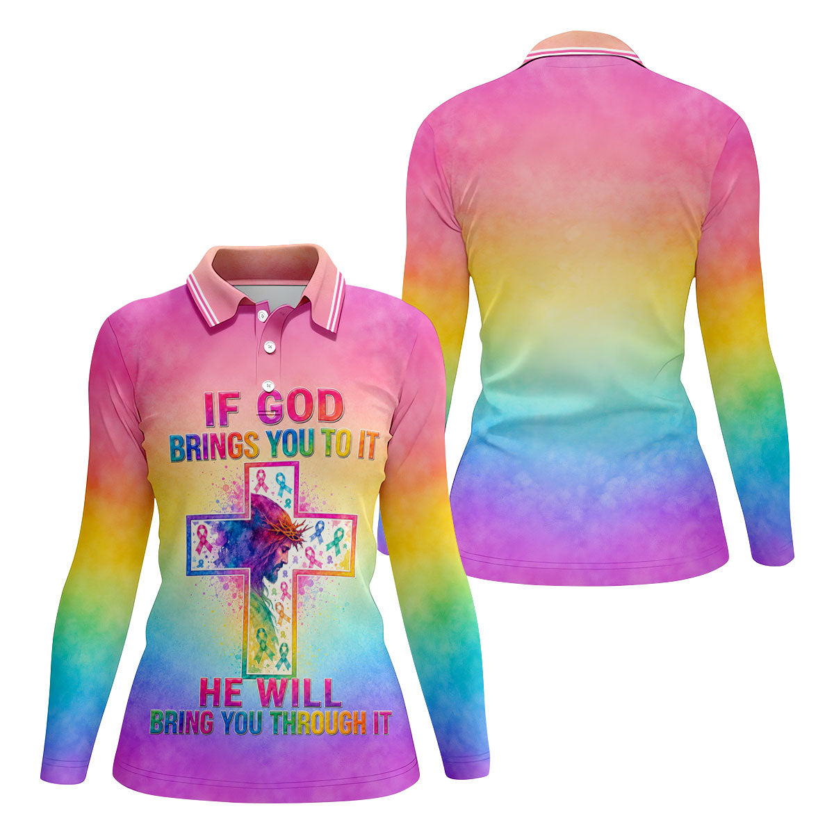If God Brings You To It Cancer Cross Polo Shirt, Ladies Golf Tops, Printed Golf Shirt