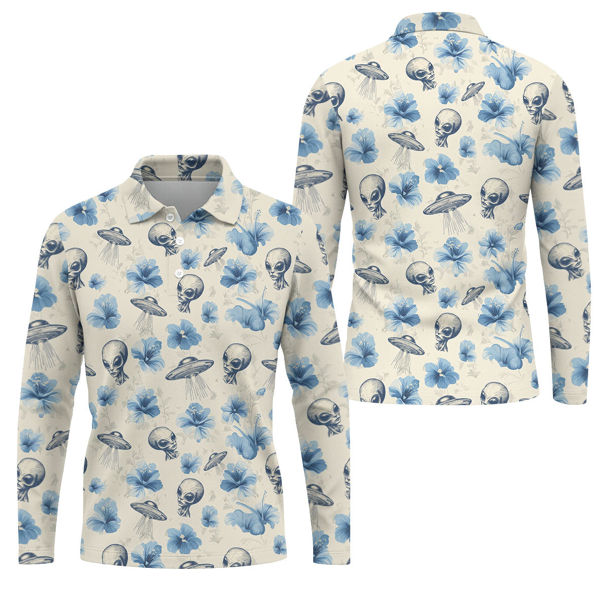 Funny Alien Blue Hibicus Tropical Theme Hawaiian Golf Shirt, Polo Shirts For Men, Golfing Apparel