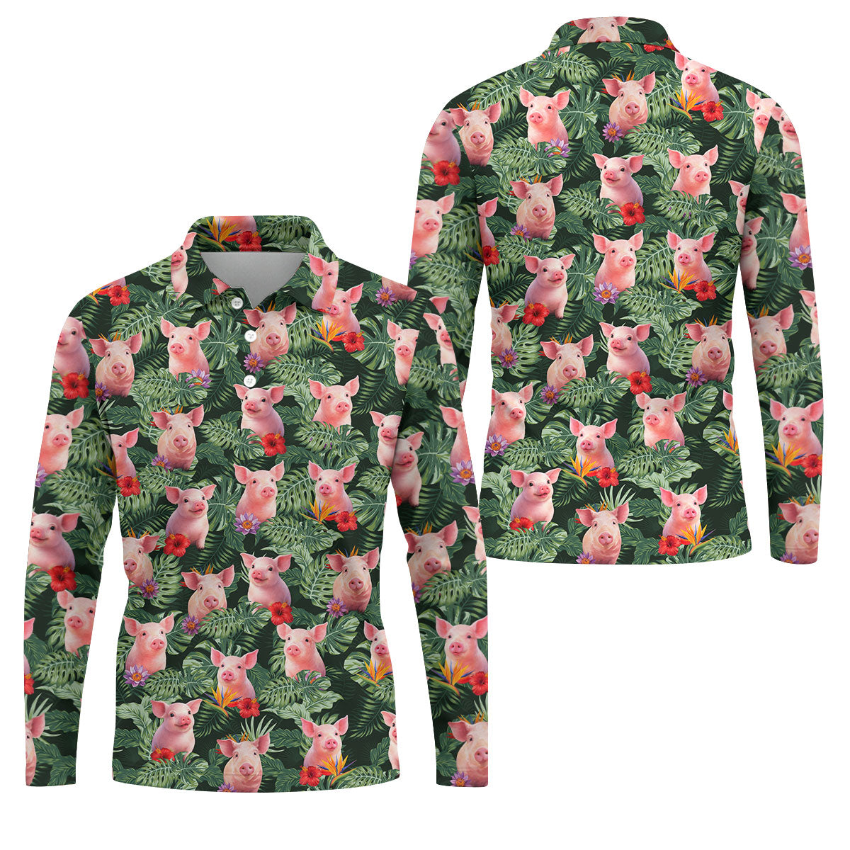 Cute Pig Tropical Monstera Hawaiian Golf Polo Shirt, Hawaiian Golf Shirt, Golf Shirts For Men
