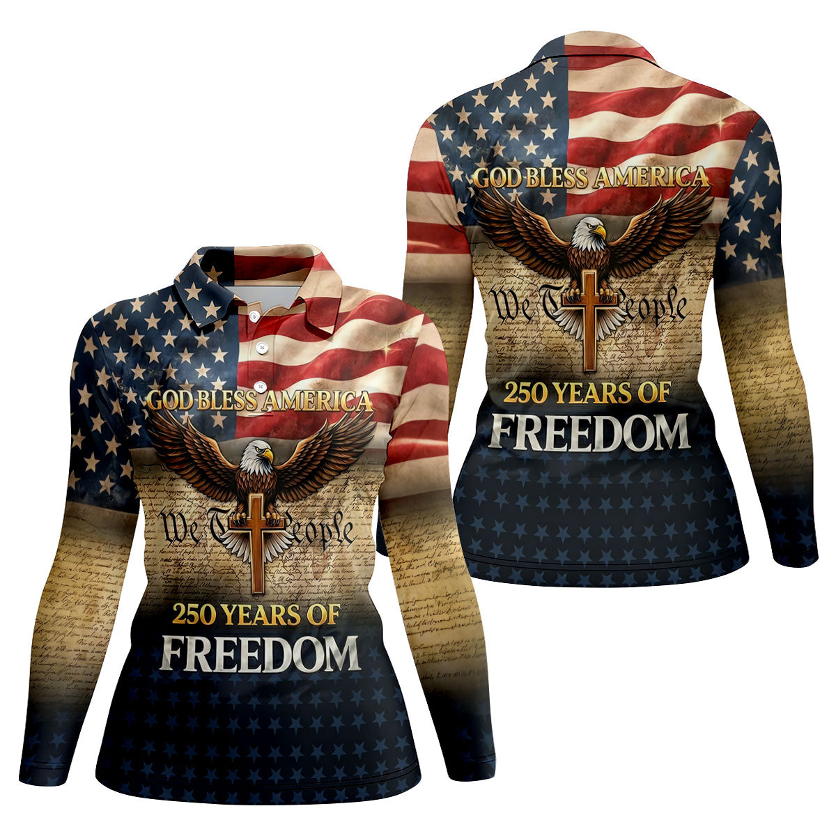 God Bless America 250 Years Of Freedom Retro Golf Shirt, Patriotic 4th Of July Golf Shirt For Women